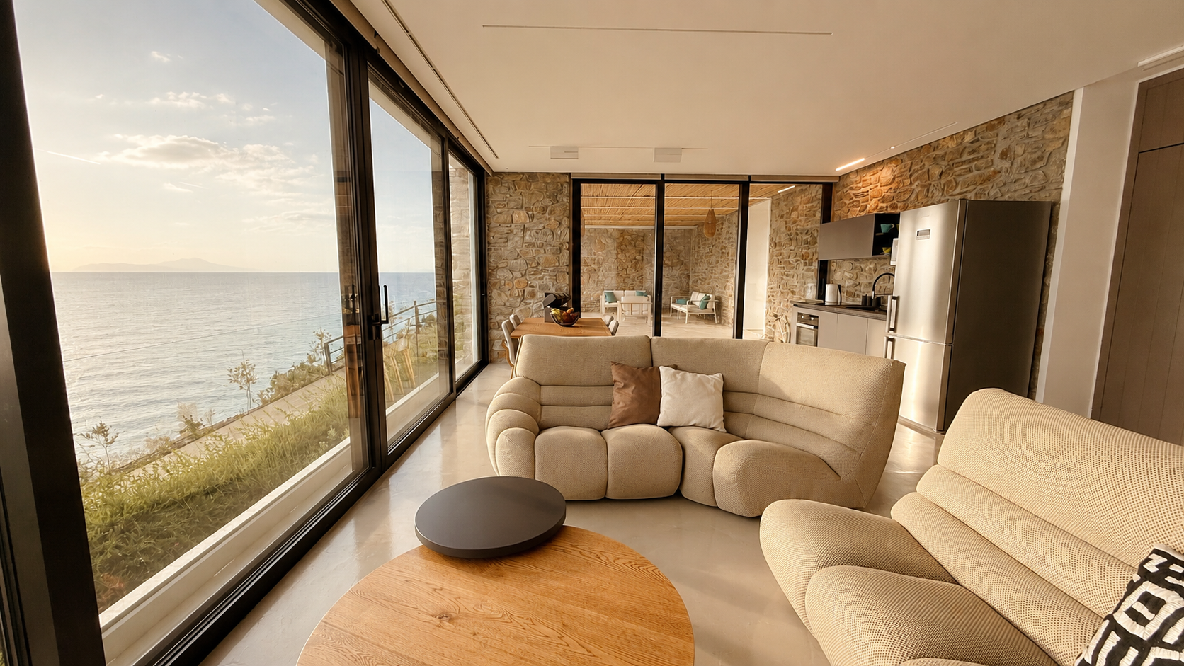 Calm living space with the horizon stretched across the windows