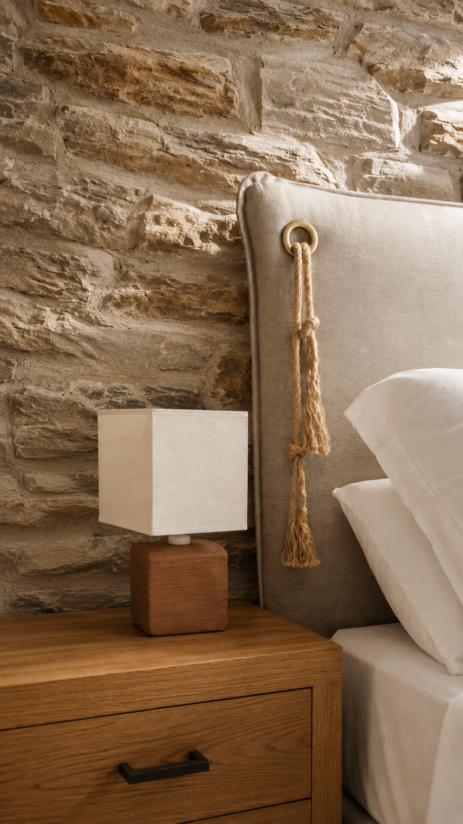 Bedside lamp and linen pillow detail