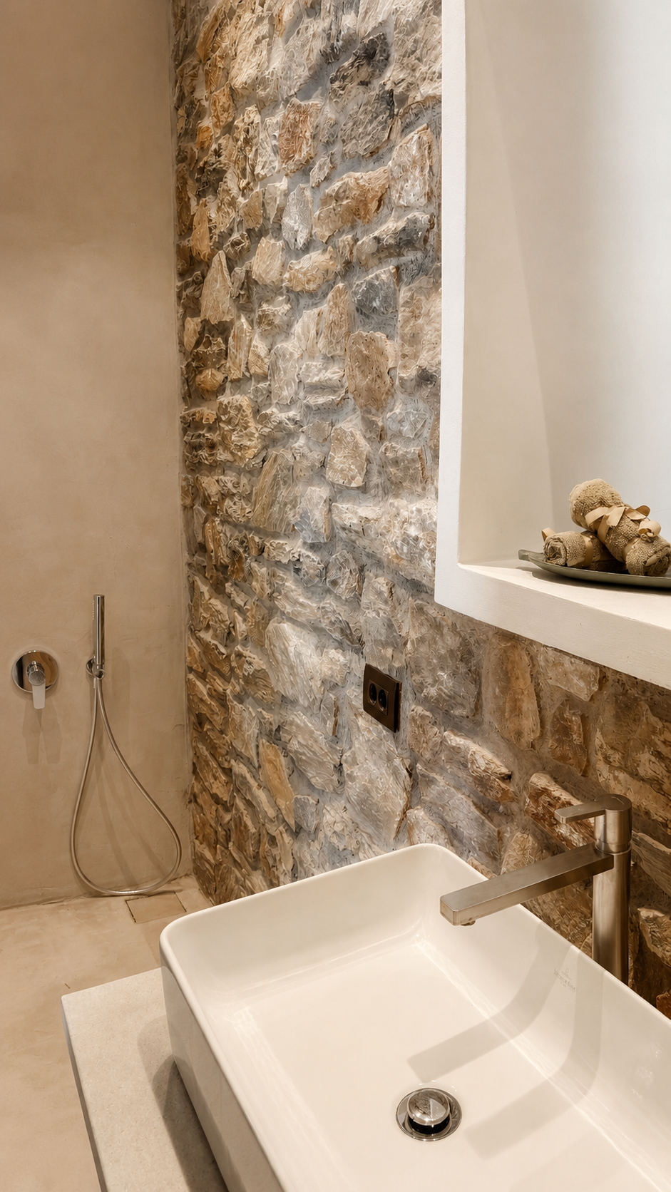 Bathroom architectural view with vessel sink and stone wall