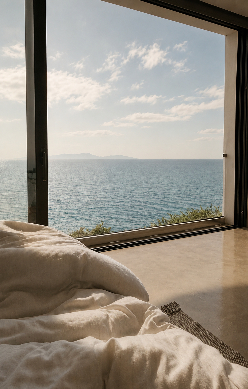 Wide view from the bed across the Nyx bedroom toward the sea