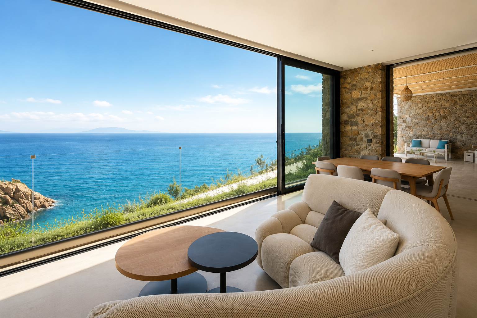Seating and wide glazing framing the open sea in the Nyx living area