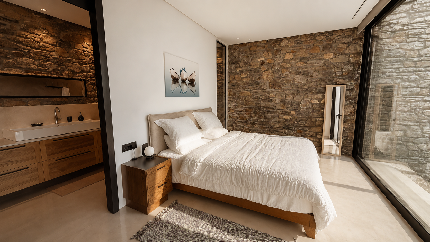 Nyx bedroom with full-height glazing opening onto the sea