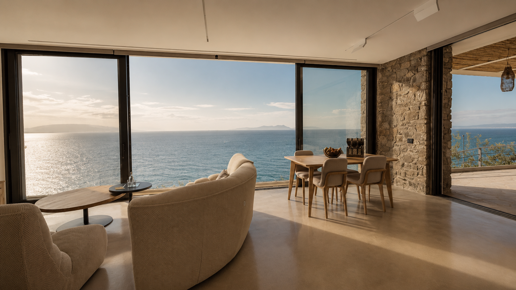 View from the living room through the terrace toward the open sea