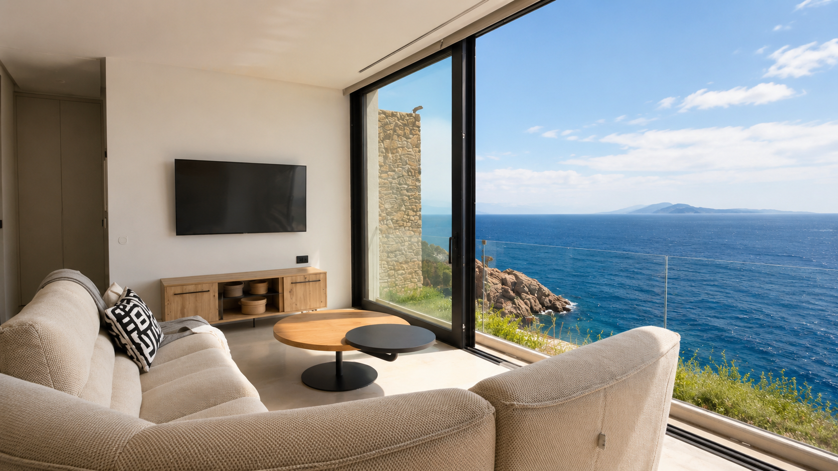 Nyx living room opening completely toward the panoramic sea view