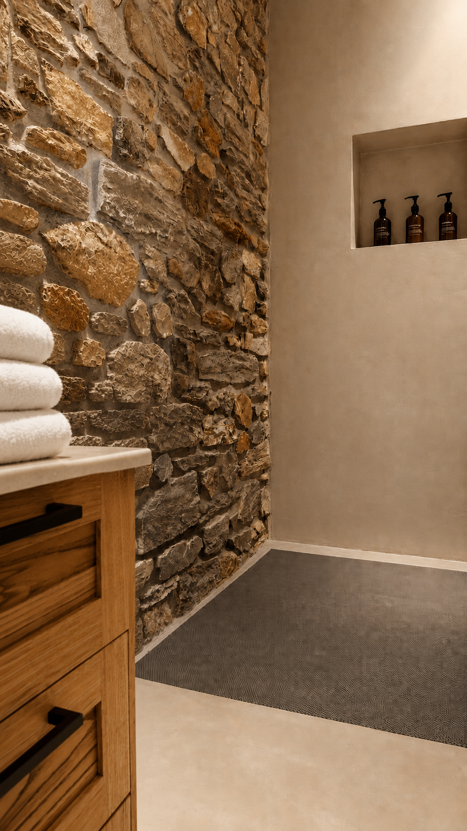 Bathroom texture detail with timber vanity, folded towels and niche