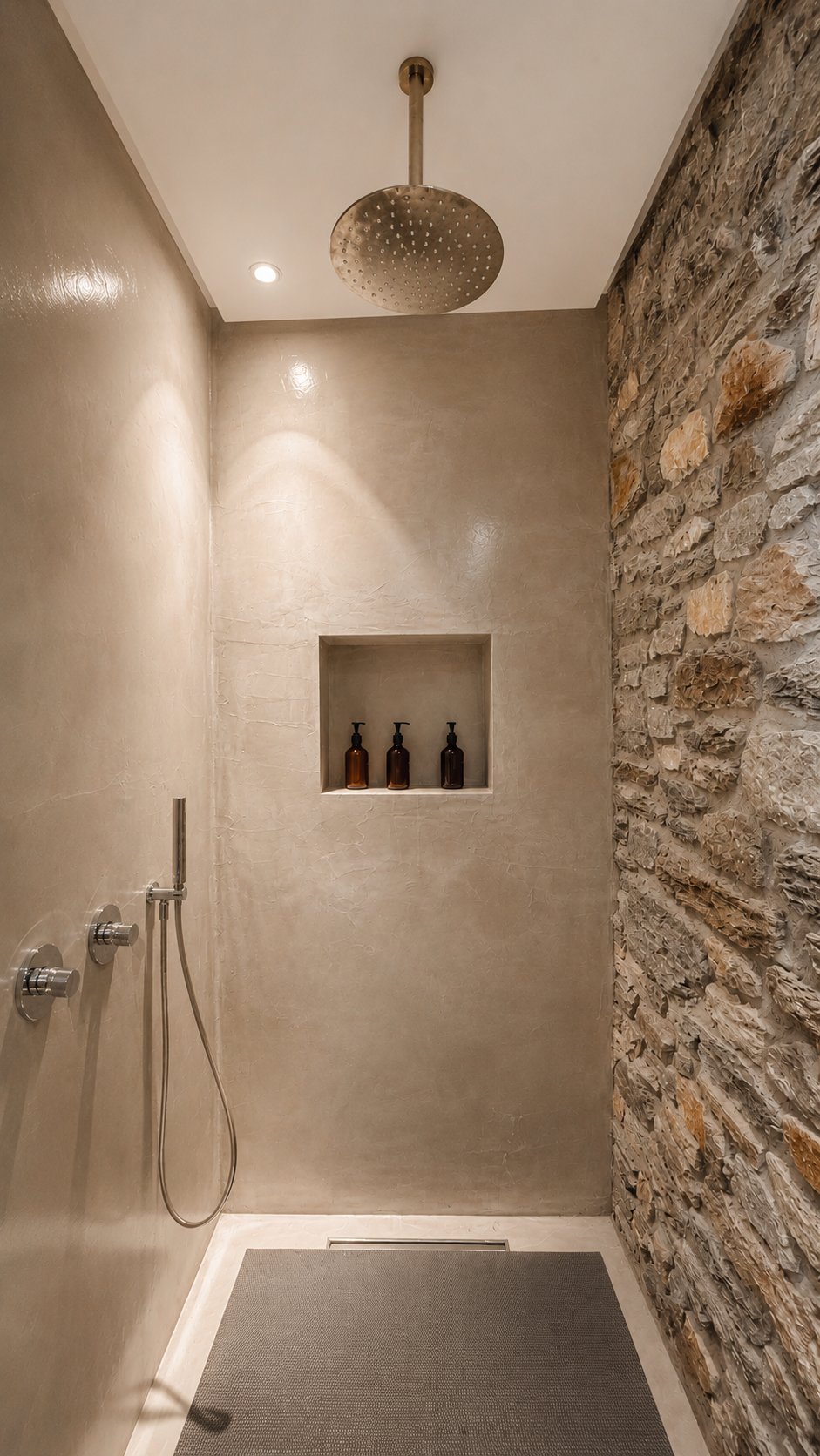 Walk-in rain shower against natural stone wall