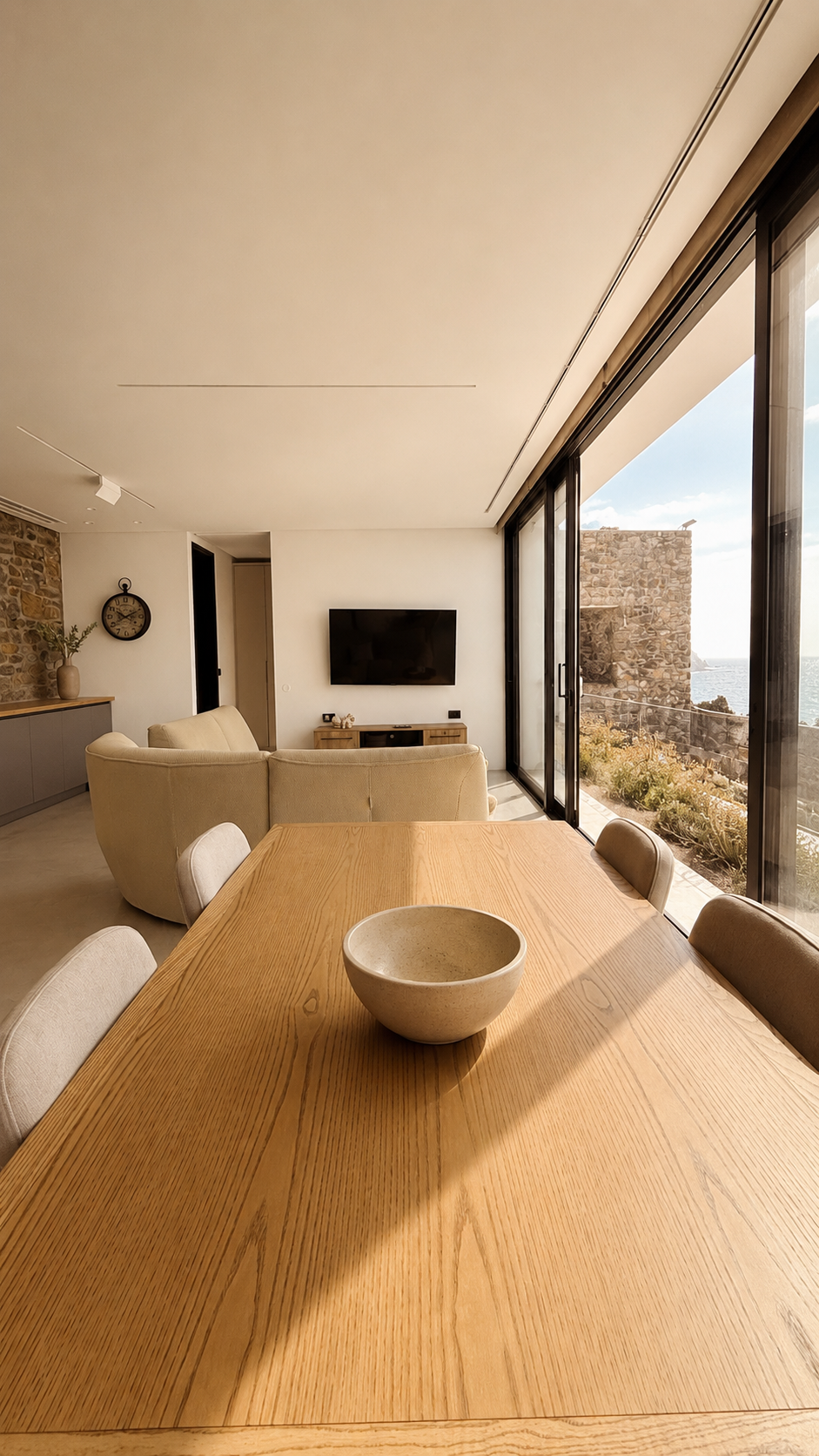 Open living and dining area flowing toward the sea in the Nyx residence