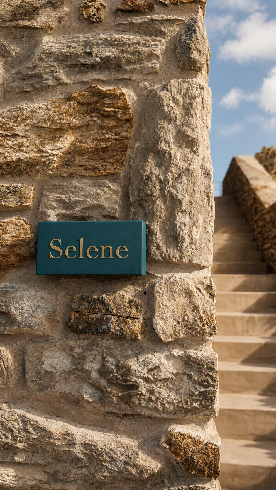 Selene suite stone sign by the stairs