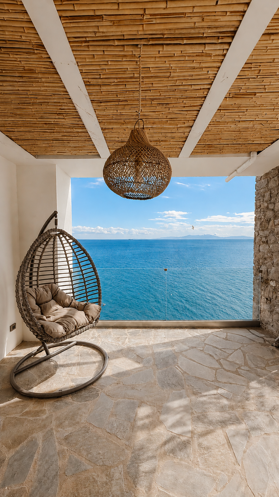 Hanging chair beneath the timber terrace ceiling