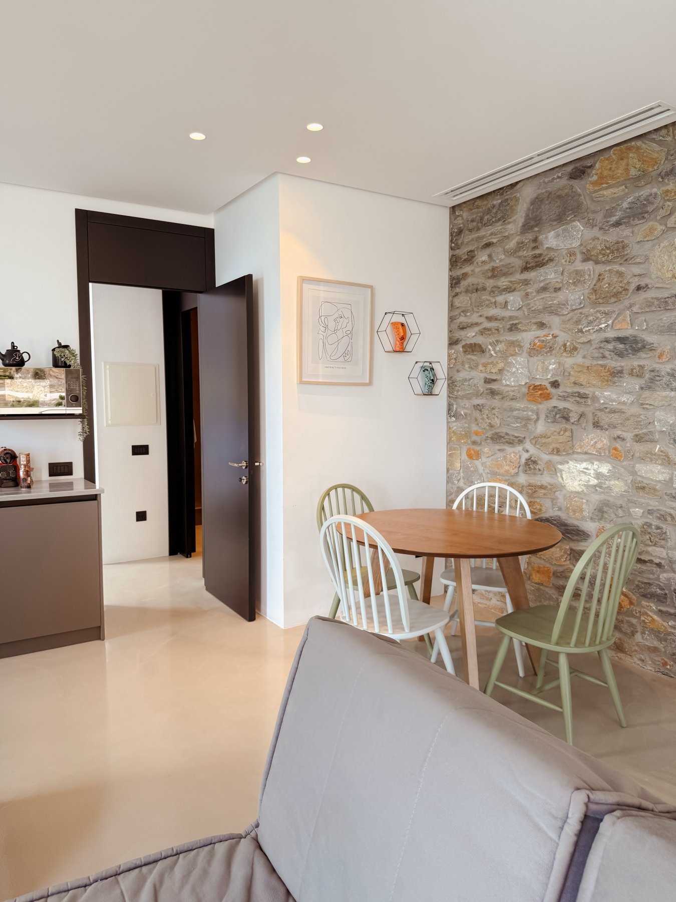Dining area and stone wall