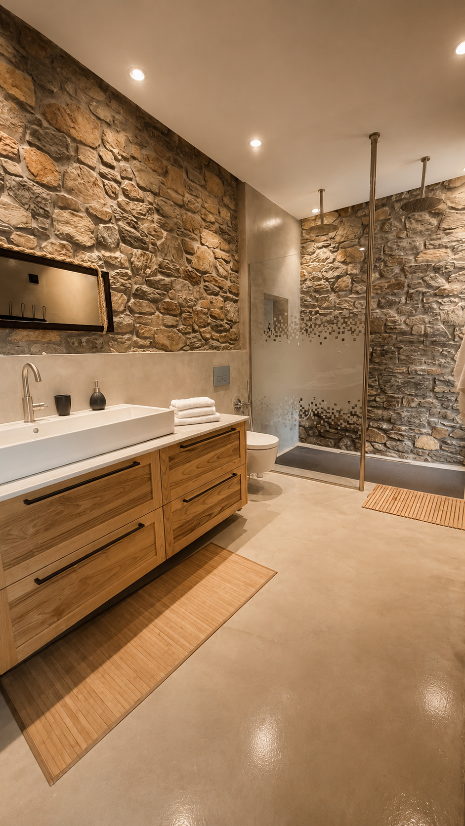 Natural materials and shower detail in the Nyx bathroom