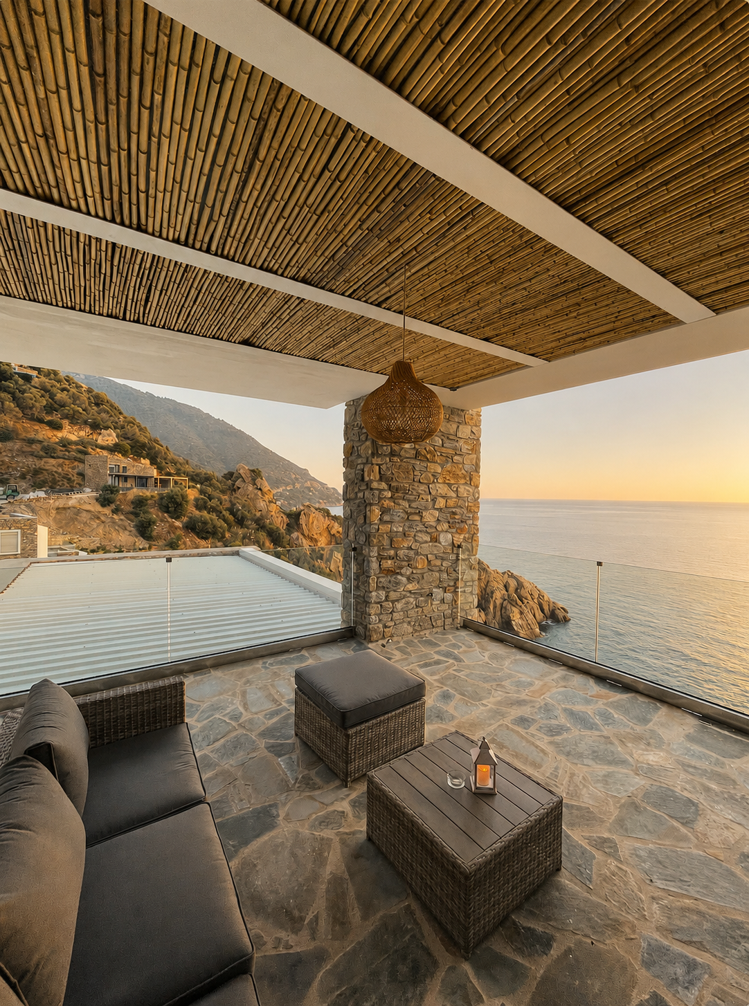 Terrace seating area under a bamboo pergola, framed by stone and the Aegean at sunset