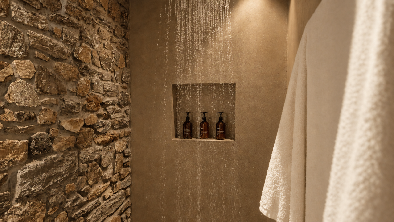 Rain shower with visible falling water over stone and amenity niche