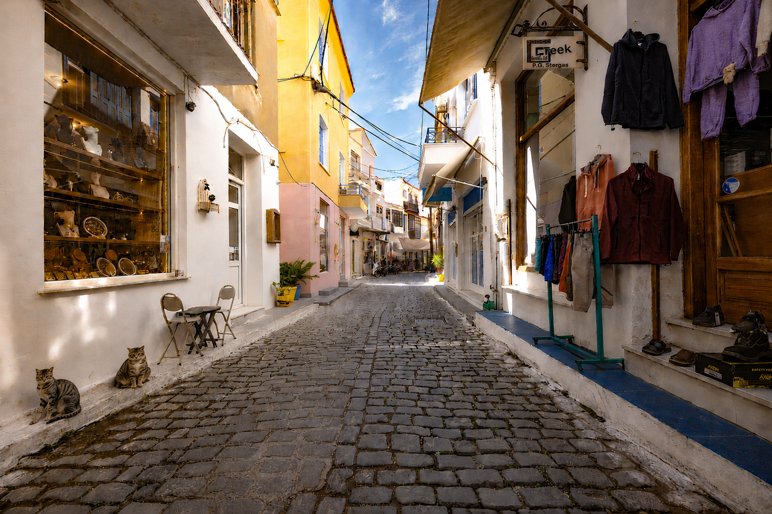 A village street, cobblestones