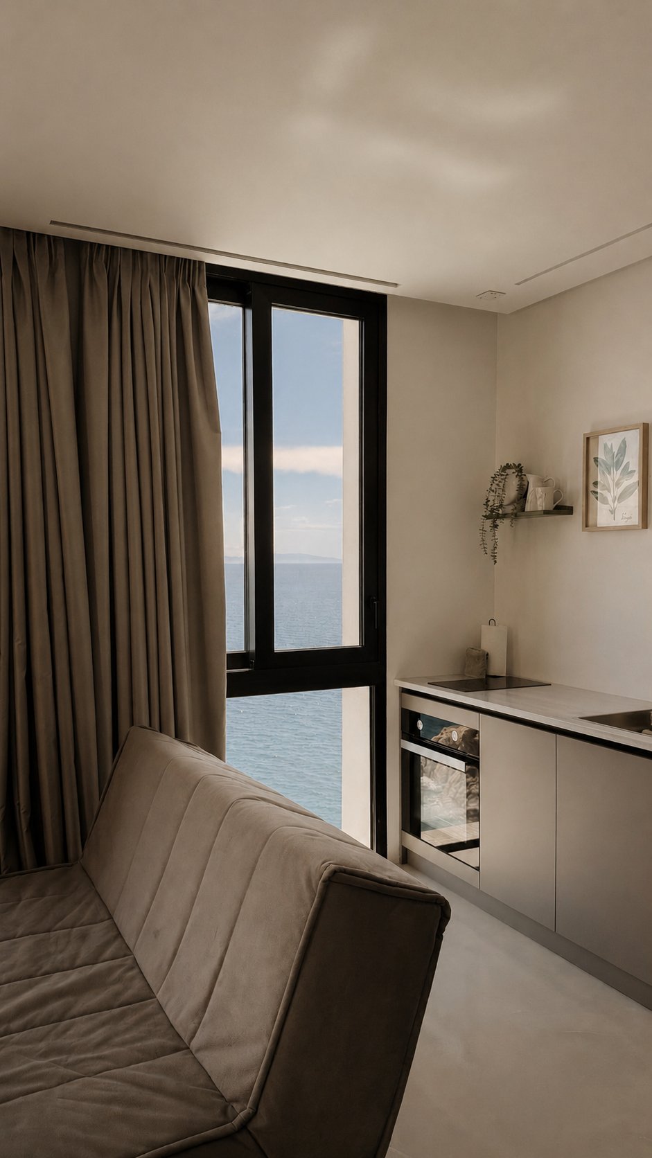 Open kitchen with sea-view window