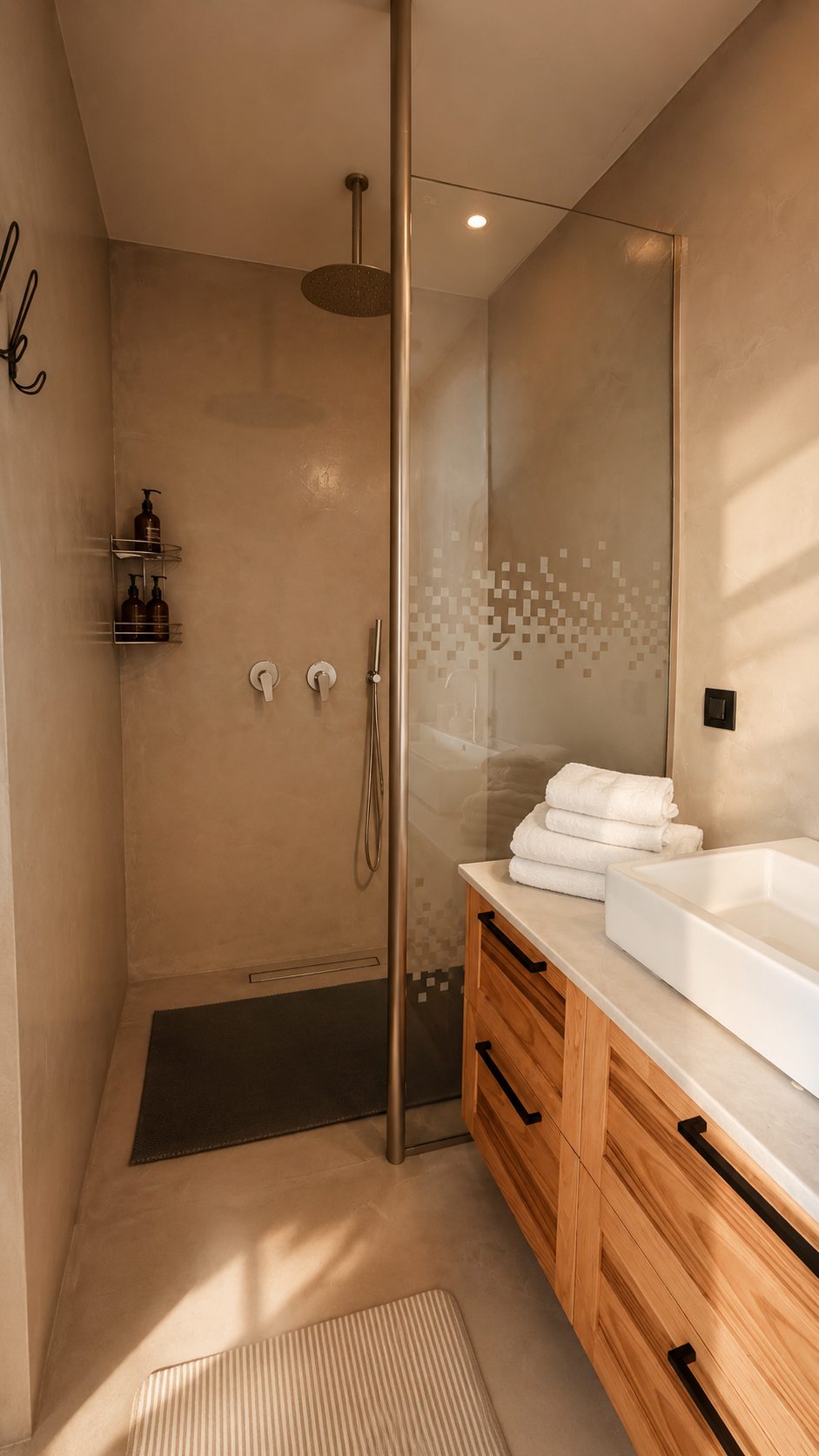 Walk-in rain shower with glass enclosure